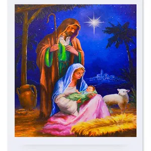 Religion Canvas Wall Art - Light Up Religious Picture LED Lighted Mary Joseph and Baby Jesus in a Manger Stable Scene