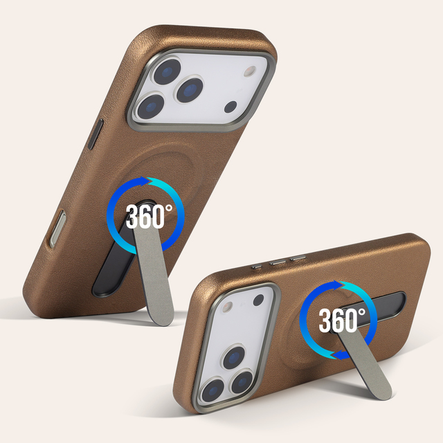 Magnetic Metal Frame Shockproof Stand Phone case for iPhone 18 Pro Max Series 360 Rotate Ring Stand Vegan Pu Leather Phone case