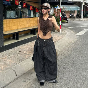 <b>Women</b> American Vintage Black Striped Denim Pants Loose Fit Wide Leg Floor Length Casual Street <b>Jeans</b> - Product Image 5