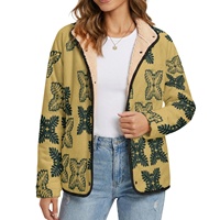 Jaket Fleece Wanita Anti Angin dengan Lapisan Sherpa, Kancing Tekan, Lengan Panjang, Bermotif, Pakaian Luar Musim Dingin