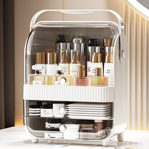 Caja de almacenamiento de cosméticos, organizador de escritorio a prueba de polvo, estante para el cuidado de la piel de gran capacidad, organizador de maquillaje, estilo moderno, blanco, rosa, crema - Product Image 4