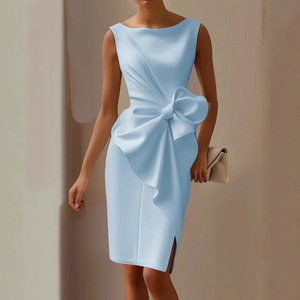Elegante Abito Midi Senza Maniche con Fiocco in Vita, Tessuto Morbido e Confortevole, Scollo a Barca, Vestito Aderente per Eventi Formali e Uscite Quotidiane - Product Image 5