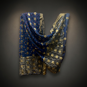 Navy Blue Floral Solid <b>Silk</b> Neck Gaiters with Bandhej Work and Zari Border for Women Breathable Lightweight Adult <b>Scarf</b> & Shawl - Product Image 3