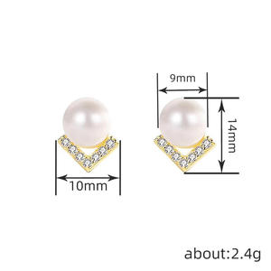 White Gold Faux <b>Pearl</b> Stud <b>Earrings</b> With Crystal Geometric Design For Women Wedding Classic Style Silver Metal - Product Image 6