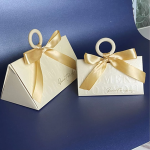 Eco Friendly Foldable <b>Candy</b> Gift <b>Box</b> Recycled Paper Wedding Packaging with Custom Bow and Wooden Ring - Product Image 1