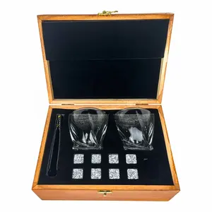 Juego de vasos de whisky de grado alimenticio, caja de madera con logotipo personalizado, piedras naturales, regalo para amantes del whisky, venta al por mayor