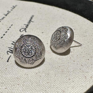 S925 Pure <b>Silver</b> Brushed Round <b>Stud</b> Earrings Simple Fashionable Antique Vintage Style with Zircon Niche Design Ear Accessories - Product Image 1