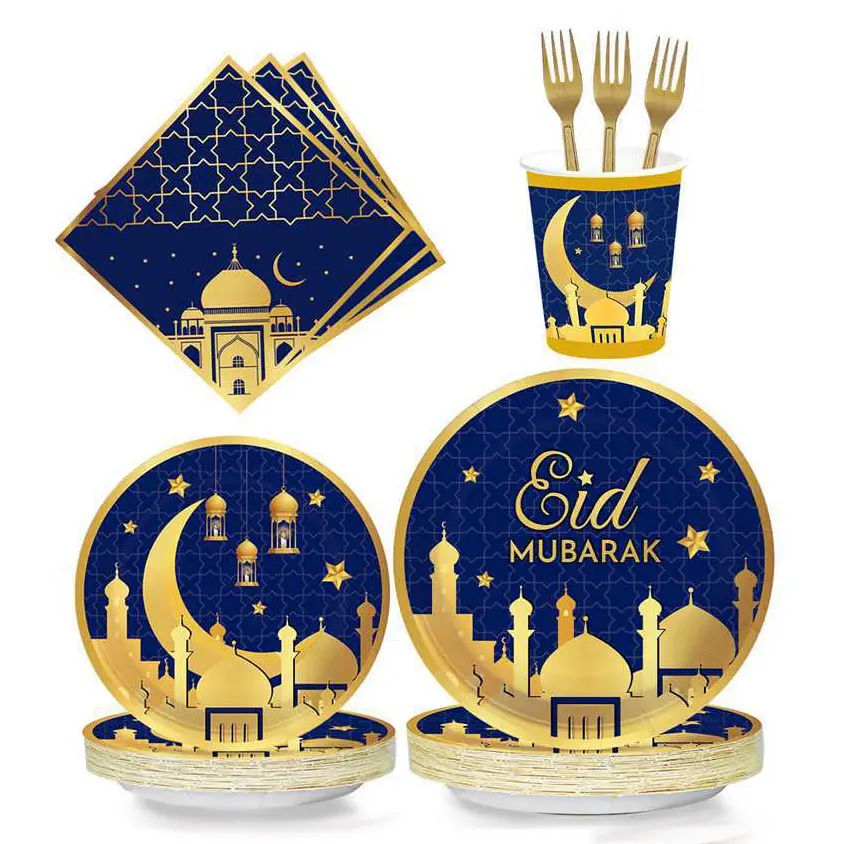 Nicro Muslin Eid Mubarak Dinnerware Ramadan Kareem Disposable Paper Party Tableware Plates Table Festival Decoration