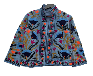 Vêtements d'hiver pour femmes manteau extérieur multicolore broderie coton Suzani à la main manches longues ouvert avant veste imprimé polaire - Product Image 1