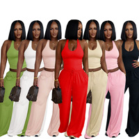 Ensemble de Loungewear d'Été Uni en Gros : Haut Halter Sans Manches Long et Pantalon Évasé à Cordon de Serrage à Jambes Larges – Tenue Décontractée 2 Pièces pour Femme