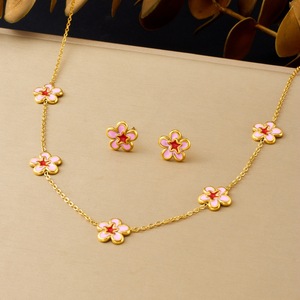 Japanese Korean Style Pink Floral Jewelry <b>Set</b> Gold Plated Peach Blossom Women's Fashion Necklace <b>Bracelet</b> Earrings Gift <b>Set</b> - Product Image 3