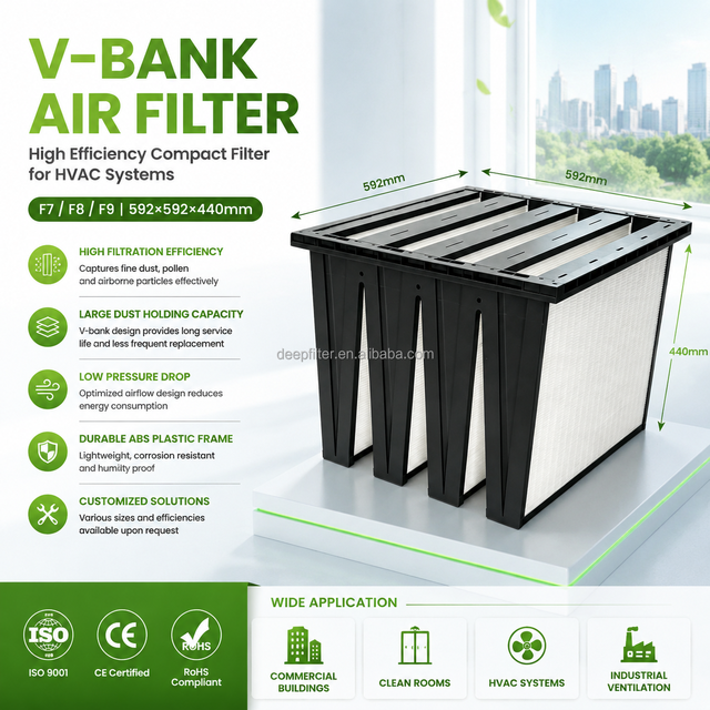 Customize Plastic Frame V-bank F7/F8/F9 Medium efficiency high dust holding capacity air filter