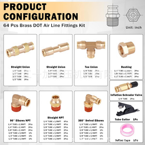 Push <b>Lock</b> Brass DOT Air Line Fittings Kit 64 Pcs NPT <b>Threaded</b> Quick Connect for Air Brake Systems - Product Image 3