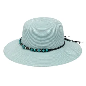 JAKIJAYI Wholesale woven paper beach straw hats custom logo Blue beaded belt accessories straw bucket hat for women
