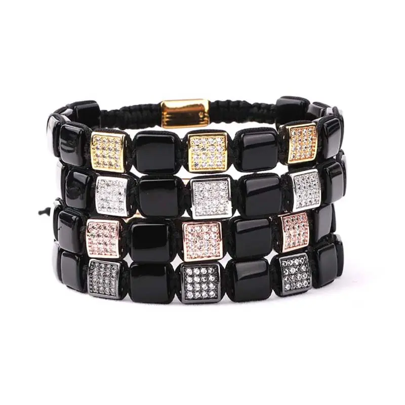 Haute Qualité Noir Onyx Pierres Précieuses Perles Carrées Macramé L'amitié Logo Personnalisé Femmes Hommes Bracelet Réglable