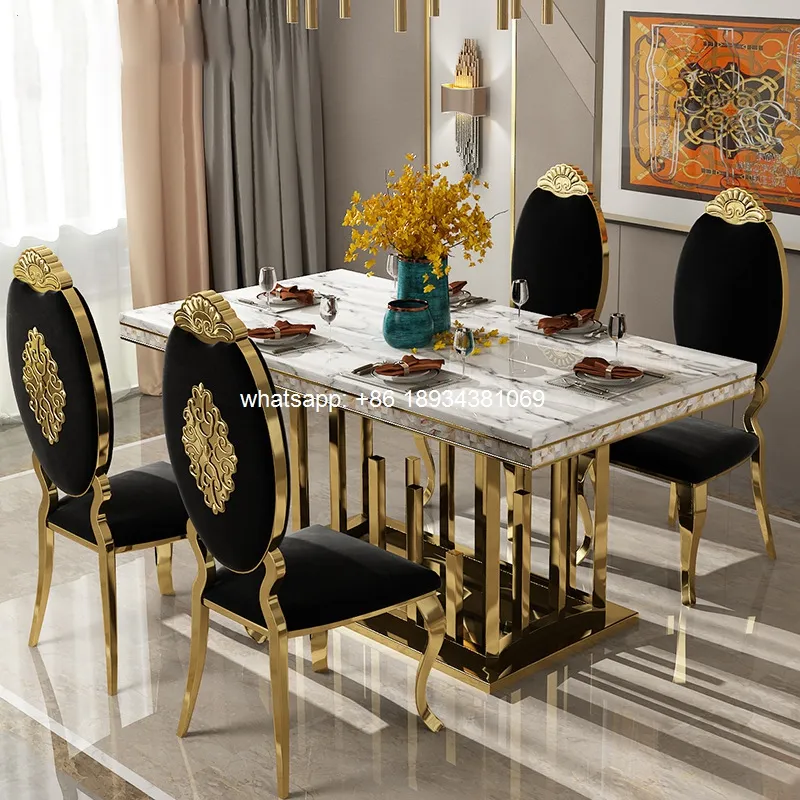 Mesa de comedor de mármol de acero inoxidable dorado, 6 sillas, juego de mesa de comedor de mármol de lujo rectangular moderno