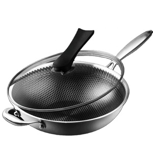 Sartén <span class=keywords><strong>Wok</strong></span> de acero inoxidable con recubrimiento antiadherente, sartén de inducción de tres capas con tapa vertical de vidrio - Product Image 1