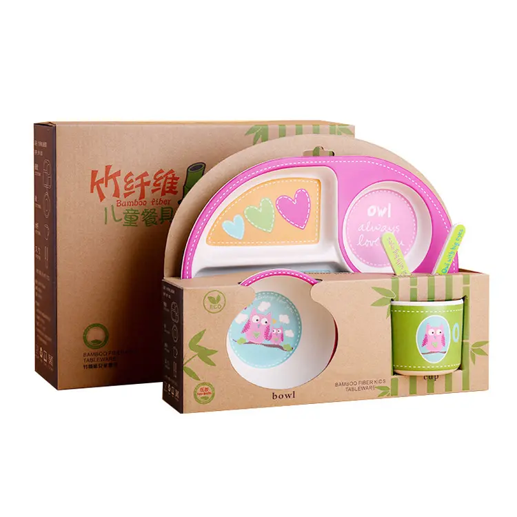 Melamine mixing bamboo cute cartoon kiddie dinner ware, 4pcs set children kitchen set bamboo fiber kids dinner set