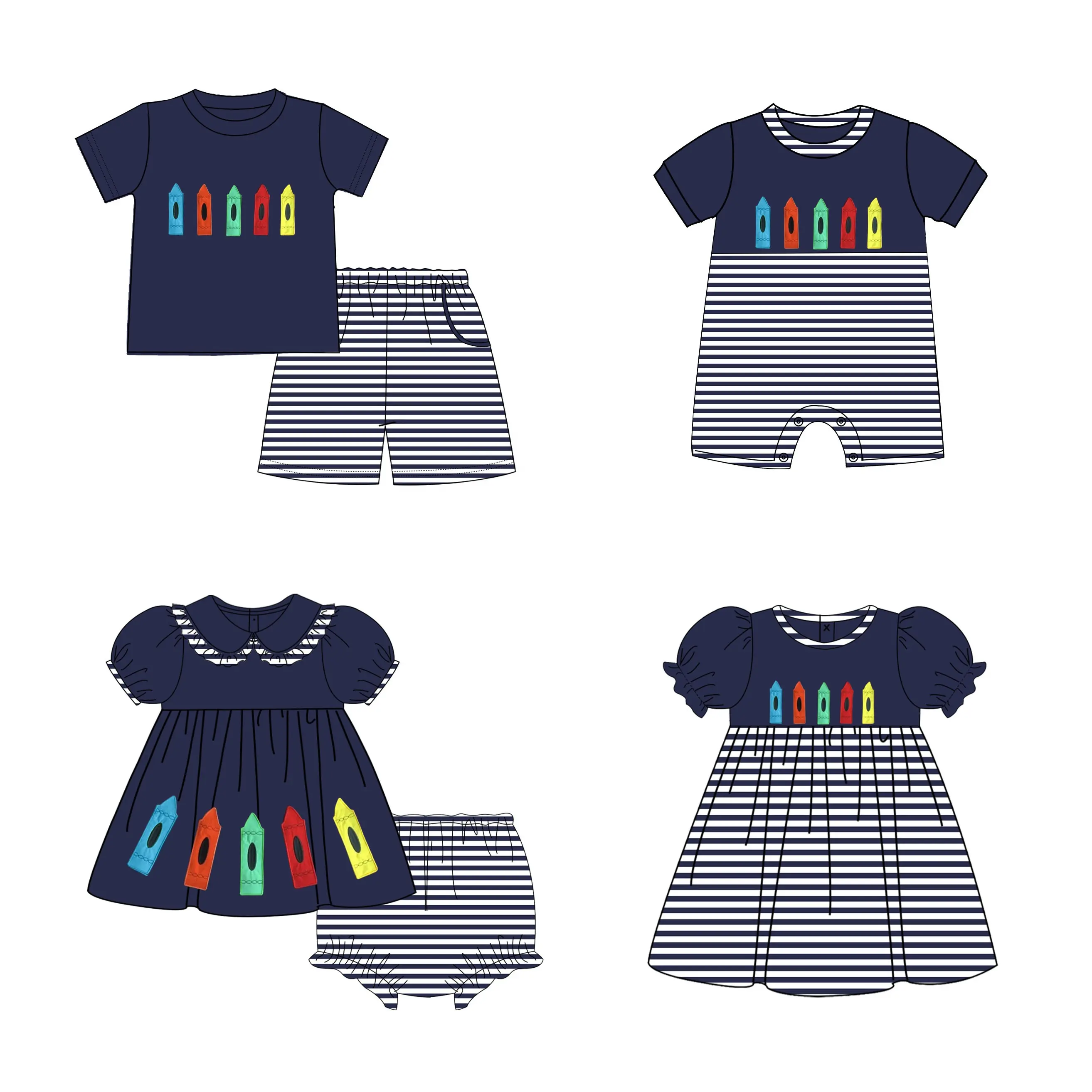 Set Pakaian Anak Perempuan Kembali Ke Sekolah Appliques Krayon, Set Pakaian Butik Katun Anak Perempuan Kecil