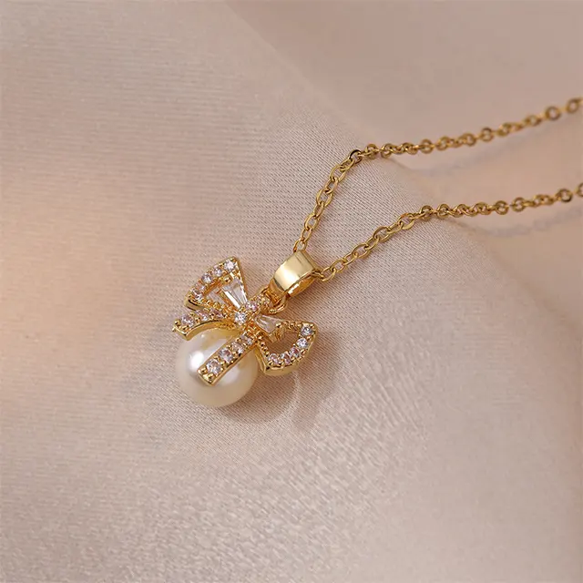 Creative Valentine's Day Mother's Day Light Luxury Colorful Zircon Geometry Unique Bow And Pearl Design Pendant Jewelry Necklace