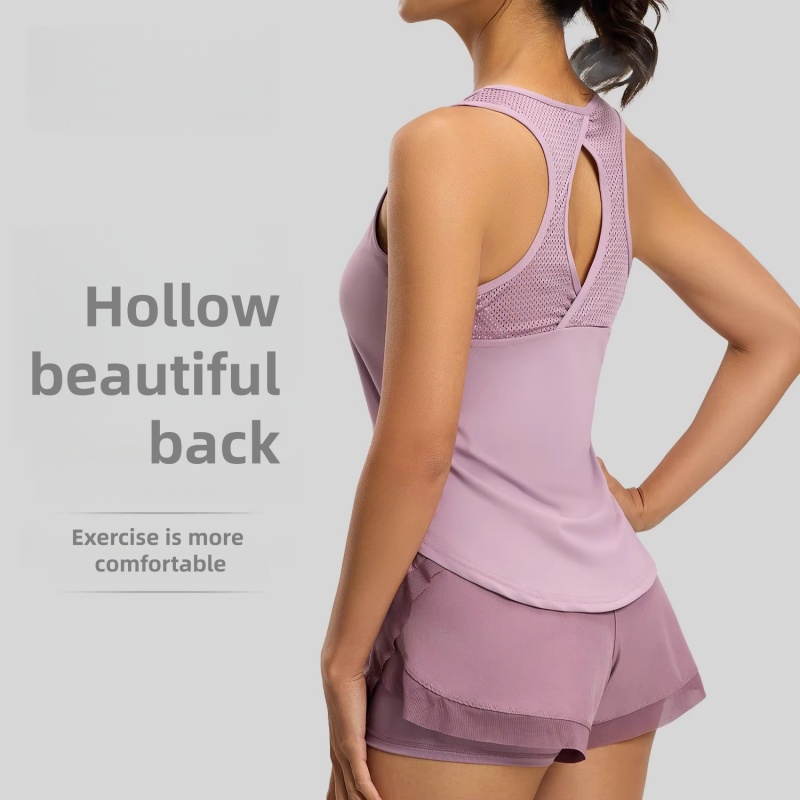 Breathable Sports Tank Top Mesh Hollow-Out Beautiful Back Yoga Vest Nude-Feel Loose Fit Yoga Wear for