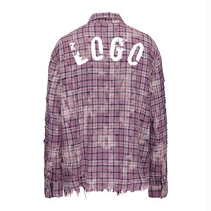 Camicie di <span class=keywords><strong>Flanella</strong></span> a Maniche Lunghe da Uomo Personalizzate OEM in Cotone Pesante Oversize a Quadri di Alta Qualità con Strass Effetto Consumato Stile Streetwear - Product Image 2