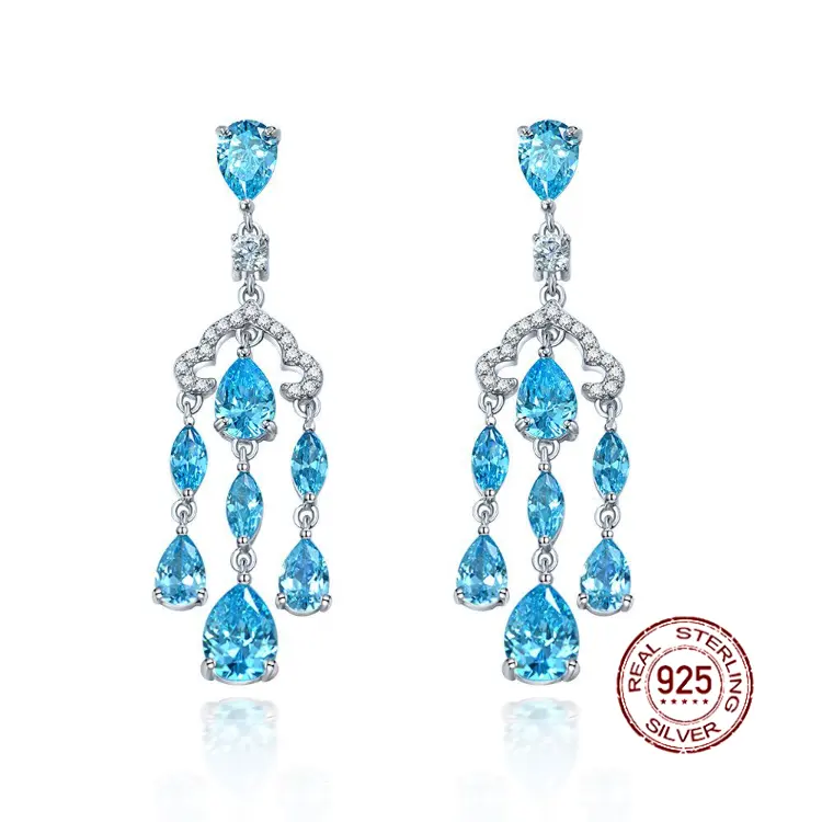 S925 Silver Fresh Niche 6*8 Sea Blue High Carbon Diamond Water Drop Boucles d'oreilles aigue-marine