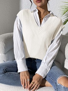 Stock Ingrosso Autunno Casual Maglia Canotta Scollo a V Abbigliamento <span class=keywords><strong>Donna</strong></span> Top Maglioni Tinta Unita Senza Maniche Gilet <span class=keywords><strong>Donna</strong></span> Pullover Top - Product Image 3
