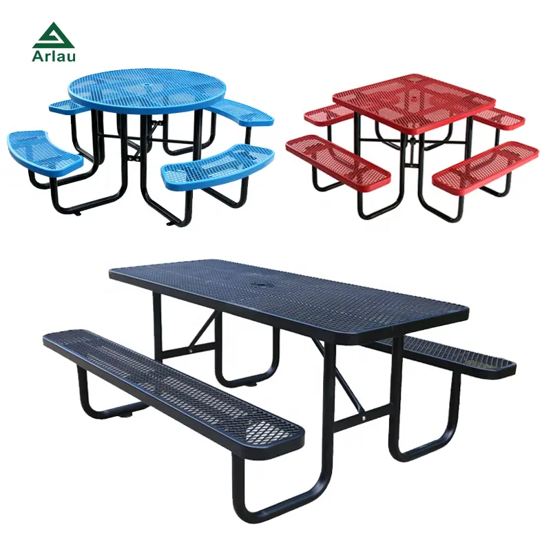 Mesa de Picnic comercial redonda de acero termoplástico para exteriores, banco para restaurante, muebles exteriores, mesa de comedor de Metal con paraguas