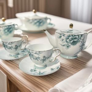 Service à café en porcelaine fine bleu et blanc, motif Danse du Phénix, pour le thé de l'après-midi, avec tasses à café à la française, aux couleurs éclatantes - Product Image 2