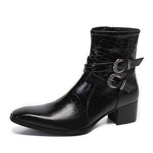Botas de cuero de vaca de caña alta con estilo retro inglés, zapatos de hombre con punta cuadrada, patrones tallados a mano, cremallera, zapatos de cuero negro. - Product Image 1