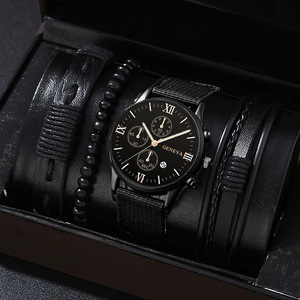 Montre-bracelet pour homme de style business avec affichage à aiguilles à couronne spirale, calendrier unique, trois yeux, cadran en toile, bracelet en PU - Product Image 4