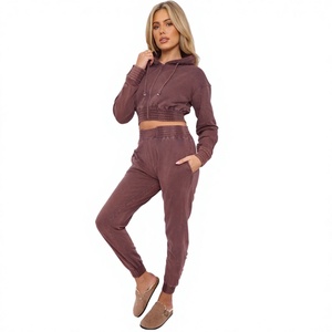 Ensemble de jogging délavé à l'acide de qualité supérieure pour femme, survêtement personnalisé avec broderie de patchs, sweat à capuche court zippé, collection hiver - Product Image 1