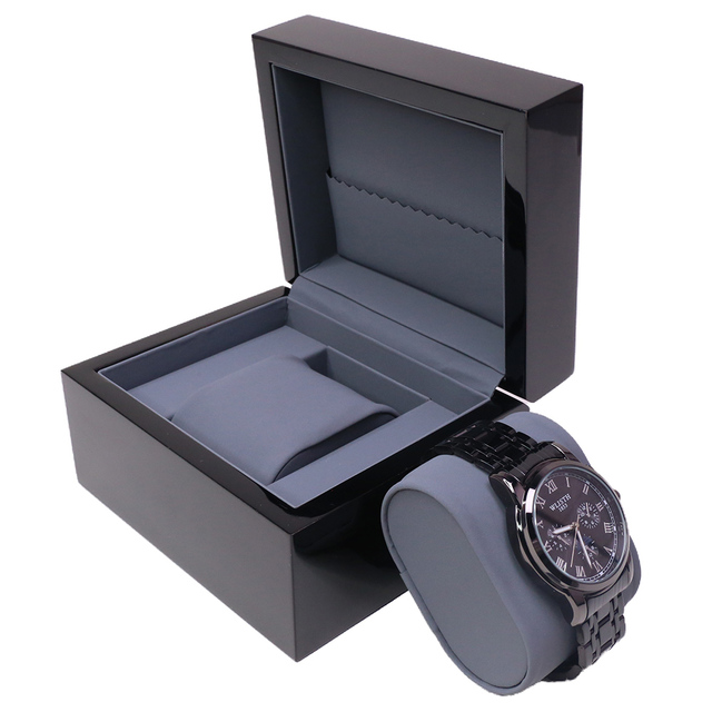 Luxury Custom Logo Wooden Black Piano Glossy Lacquer Watch Packaging Box With Pouch Ready to Ship Watch Cases