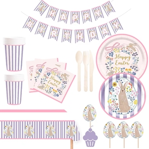 DAMAI Easter Decoration Disposable Tableware Paper Plate Napkins Tablecloth with Rabbit and Flower Party Tableware Set - Product Image 3