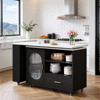 Îlot de cuisine extensible avec table rabattable, plateau blanc, armoire à porte vitrée, tiroir de rangement, roulettes