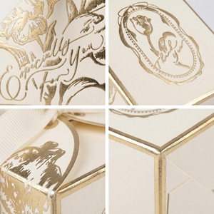 Ivory Square Rigid Gift Box with Gold Foil Floral Design and <b>Ribbon</b> Handle for Craft Packaging - Product Image 4