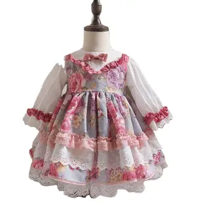 0123 infantile del bambino abiti spagnolo delle ragazze di fiore del vestito floreale rosa vintage bambini abbigliamento per bambini manica lunga autunno Lolita abiti