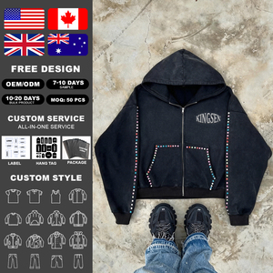 ผู้ผลิตเสื้อฮู้ดซิปแบบสตรีทแวร์ผ้าฝ้ายเฟรนช์เทอร์รี่แท้ 100% รับผลิตตามสั่ง (OEM) พร้อมตกแต่งด้วยคริสตัล - Product Image 2