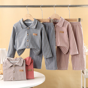 Vêtements de maison pour enfants, nouvelle collection automne/hiver, pyjamas à carreaux à col rabattu pour garçons et filles, ensemble cardigan en polaire chaud - Product Image 1
