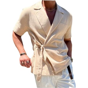 Camicia <span class=keywords><strong>Giacca</strong></span> <span class=keywords><strong>Estiva</strong></span> da <span class=keywords><strong>Uomo</strong></span> in <span class=keywords><strong>Lino</strong></span> Intrecciato Anti-Piega Traspirante Tinta Unita Stile Street Casual con Colletto Risvoltato e Laccio - Product Image 5