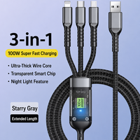 Câble de charge USB A vers USB C 100W 3 en 1 avec affichage numérique, super rapide, en nylon tressé, pour iPhone, Samsung, Android