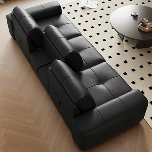 Canapé moderne en cuir noir trois places avec dossier rigide et accoudoirs droits pour salon - Product Image 3