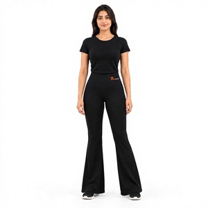 Pantalon évasé noir taille haute pour femme Tiierwear – Sportif, uni, longueur intégrale, taille élastique, décontracté - Product Image 1