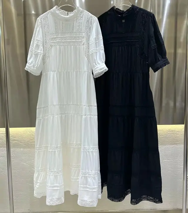 Top Quality Cotton Dress 2022 Summer Women Lace Embroidery Half Sleeve Mid-Calf White Black Casual Vintage Dress Vestidos Femme