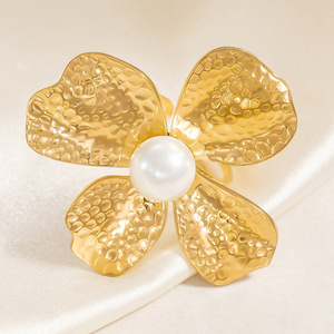 Floral Pearl <b>Ring</b> 18K Gold <b>Titanium</b> Steel Bezel Setting Unisex Everyday Wear Jewelry - Product Image 2
