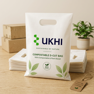 UKHI Bio <b>Compostable</b> PBAT PLA Cornstarch Die-Cut Three-Side Seal Carry <b>Bag</b> 75 Microns Supermarket Shopping Packaging - Product Image 2