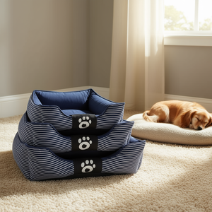 Tessuto di Cotone a Righe Blu Scuro e Cuccia Quadrata in Peluche per Letti per Animali Domestici - Product Image 3