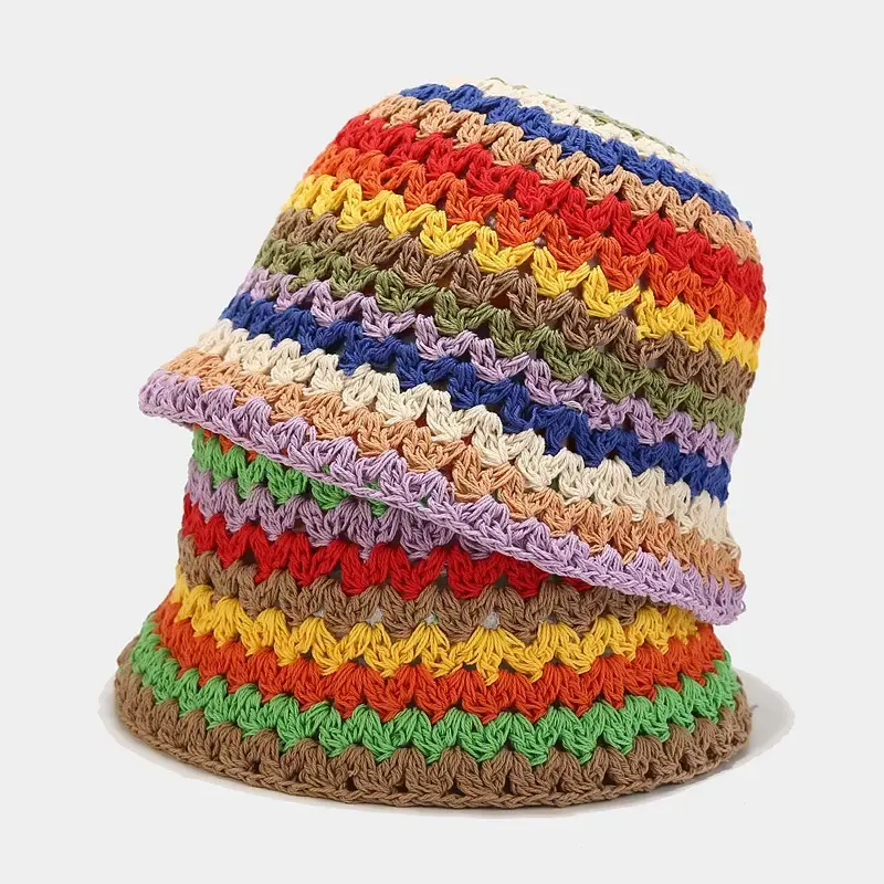 Chapéu de malha com flor oco, de malha, feito à mão, crochê, primavera/verão, chapéu de balde para panamá