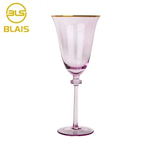 Guangzhou Glaswerk Fabrikanten Crystal Custom Gouden Rand Paars Gekleurde Wijn Glas Voor Bruiloft Deco